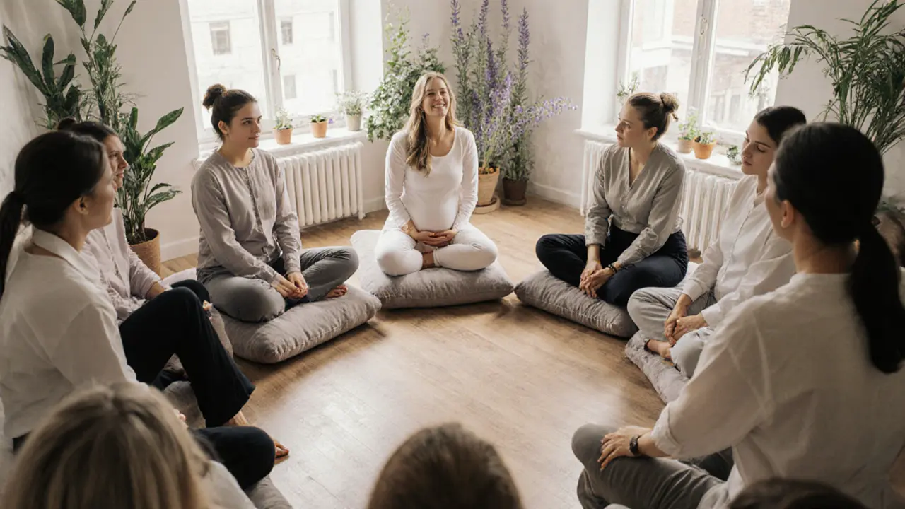 A group of expectant mothers relaxing together in a prenatal massage circle, receiving gentle touch in a peaceful spa setting.