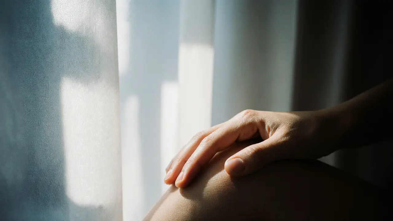 A hand resting on a thigh, illuminated by diffused daylight through a sheer curtain.