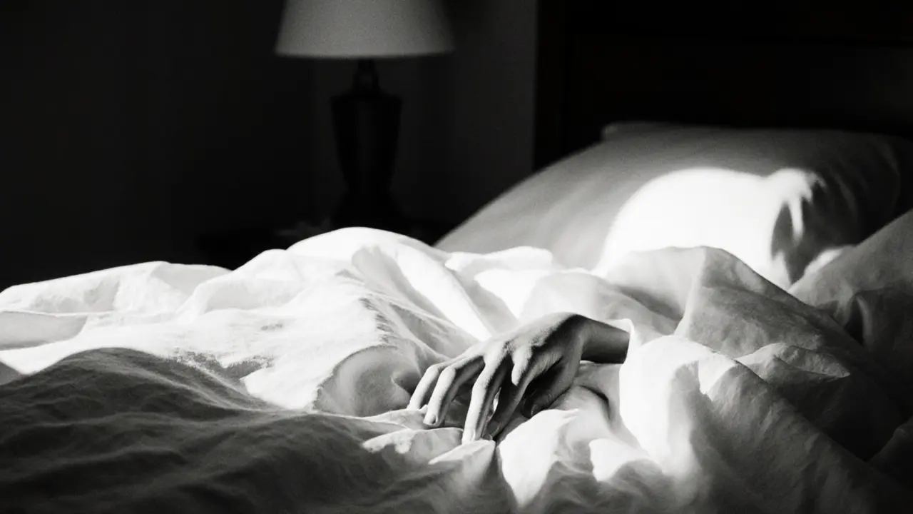 A hand rests on a thigh beneath a draped sheet, illuminated by soft lamplight in shadowy intimacy.