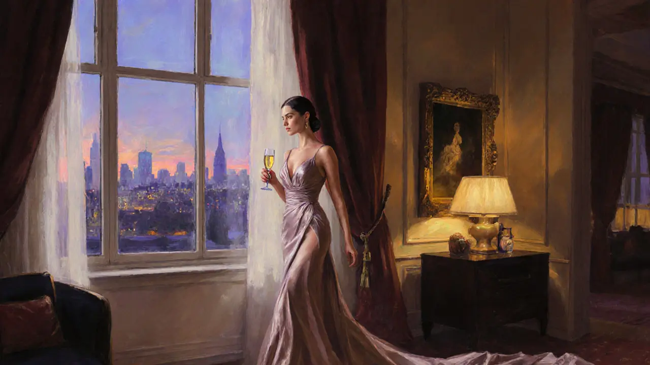 A luxury escort walks through a elegant apartment with a view of London’s skyline at dusk.