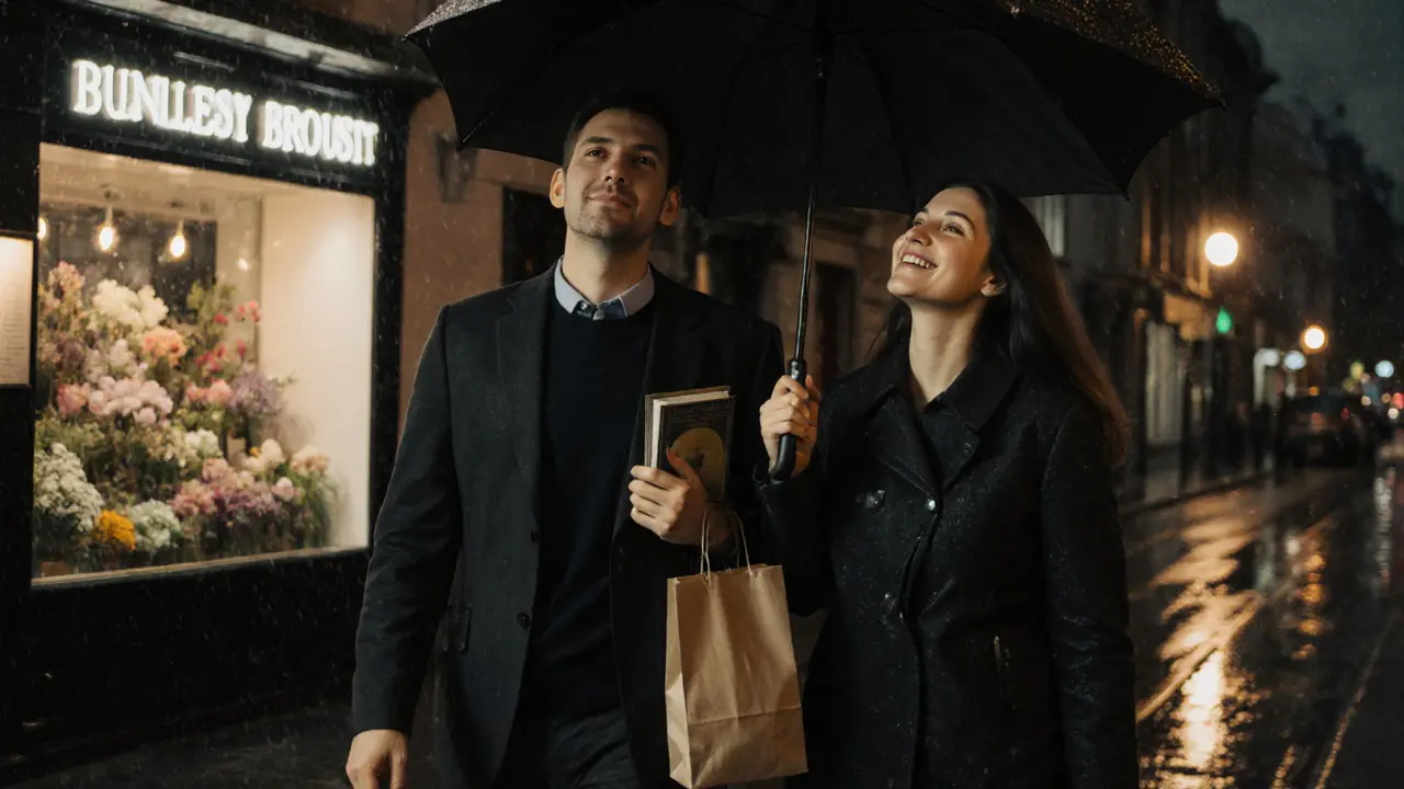 A man and woman walking under an umbrella in rainy Notting Hill, a florist’s window glowing nearby.