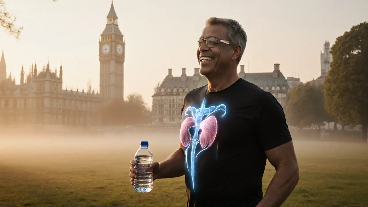 A man walking peacefully in a London park at dawn, with subtle visual elements symbolizing prostate health and holistic wellness.