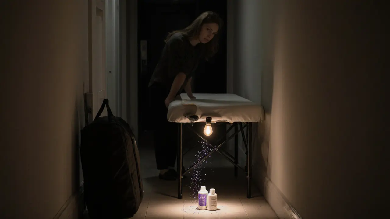 A massage therapist packs up equipment in a quiet London hallway after a session, leaving behind only calm and tranquility.