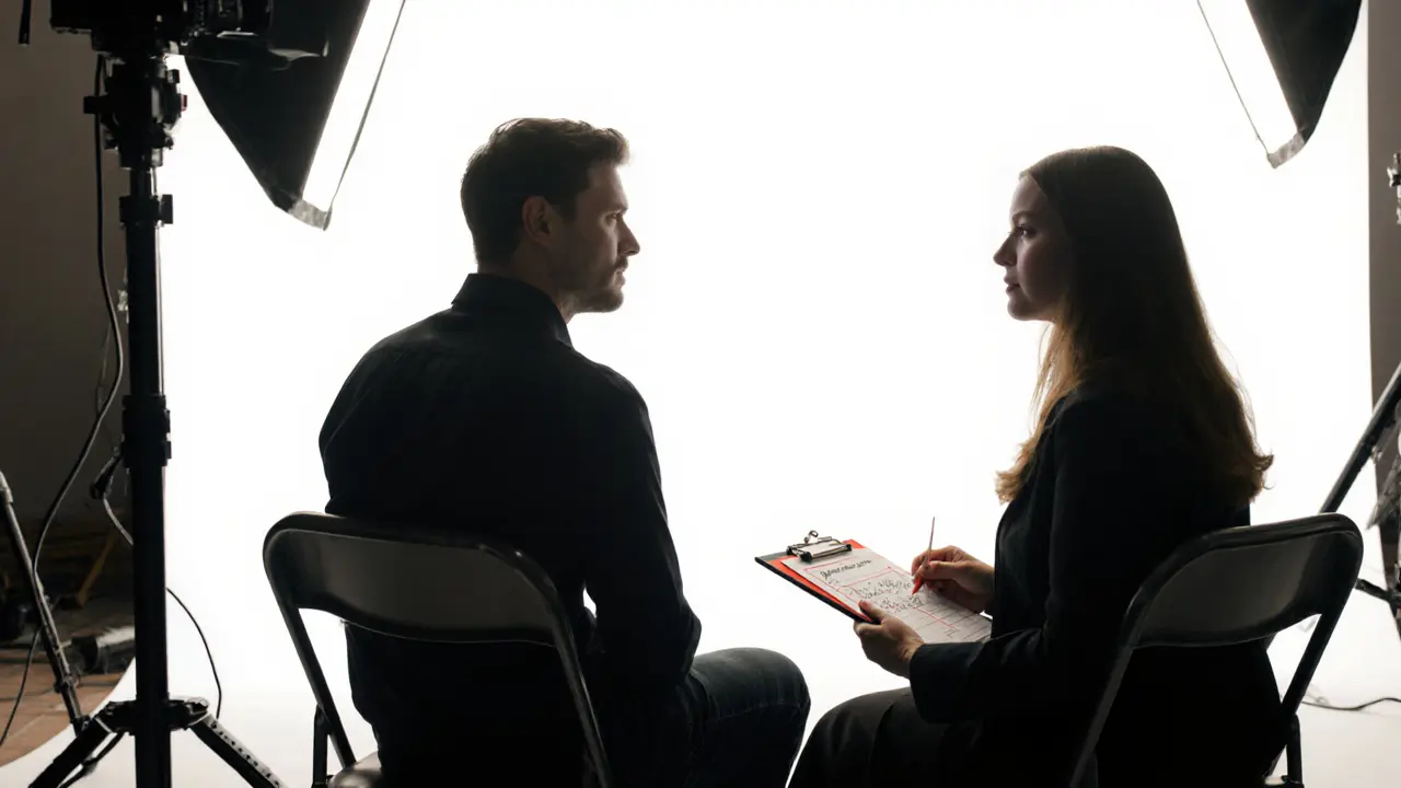 A performer and consent coordinator discuss boundaries quietly on set, with equipment blurred in the background.