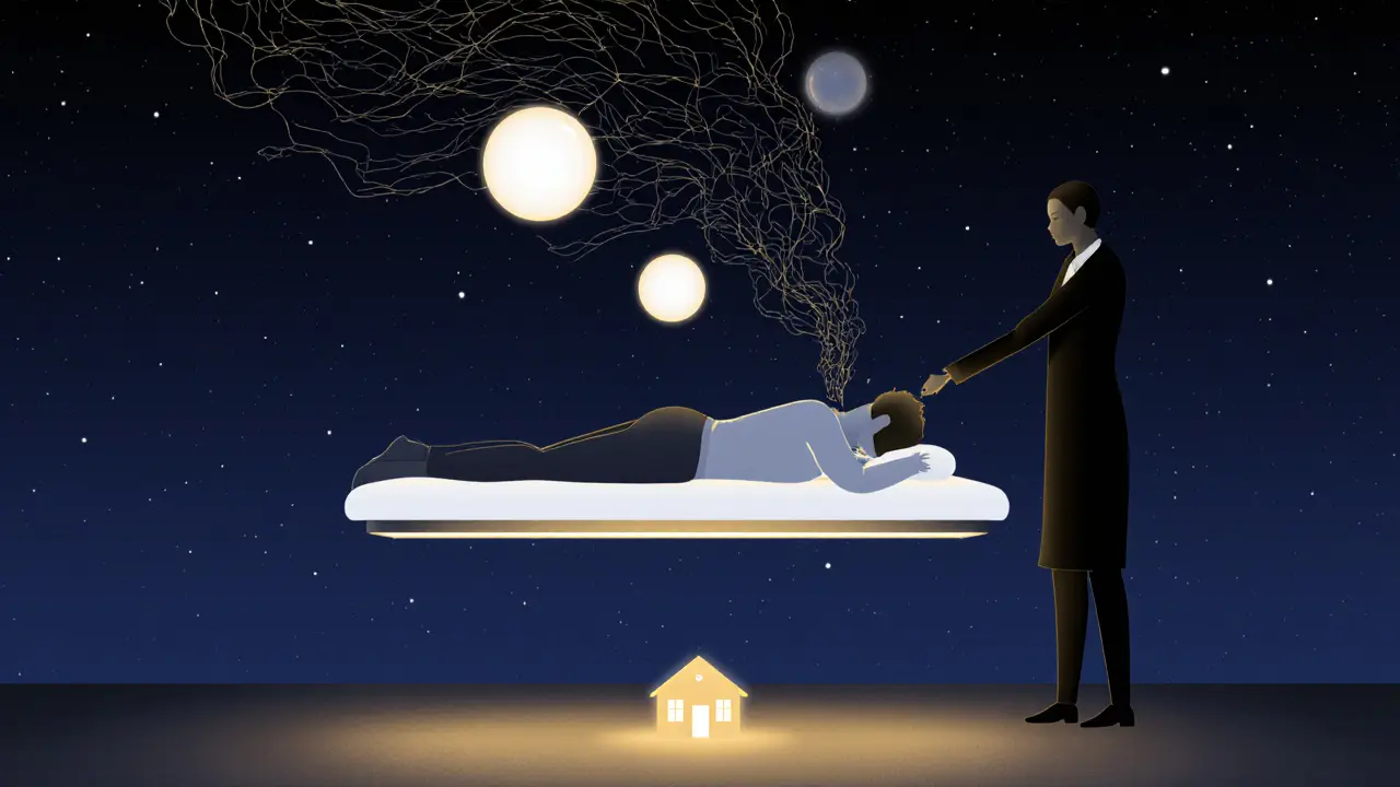 A person floating on a massage table under a starry sky, with stress dissolving into light above a warm home below.