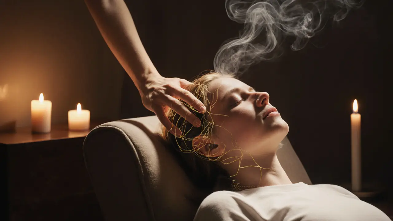 A person in deep relaxation as golden threads symbolize tension release at the base of the skull in a quiet, candlelit room.