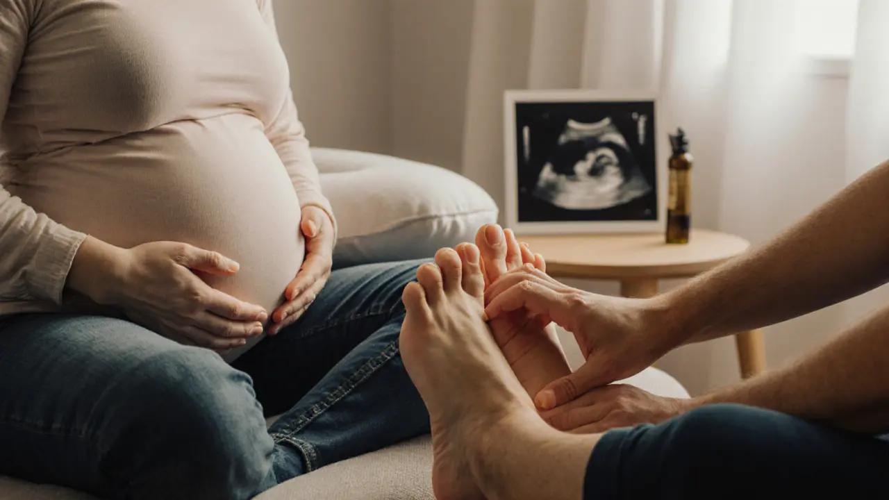A pregnant woman&#039;s hands on her belly as her partner massages her feet at home, with a pregnancy pillow and ultrasound photo nearby.