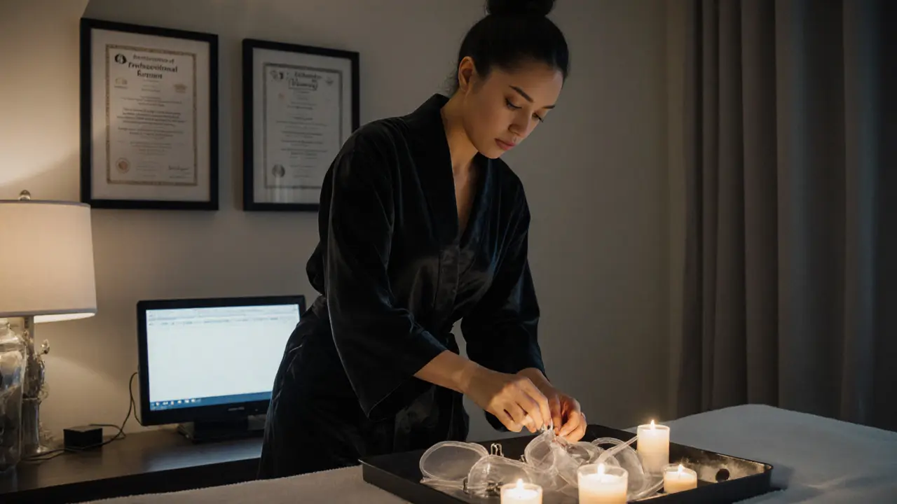 A professional escort organizing certified fetish equipment in a clean, organized studio with safety credentials on display.