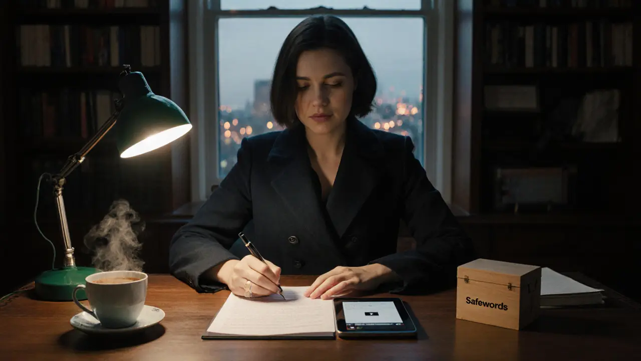 A professional woman reviews consent forms in a quiet study with a teacup and locked tablet on her desk.