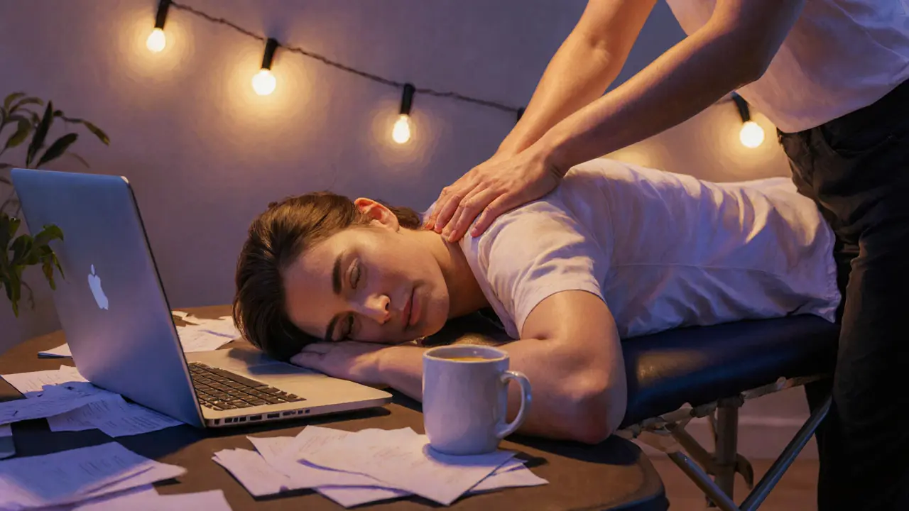 A remote worker receiving a shoulder massage in their home office, surrounded by work items, in a moment of calm.