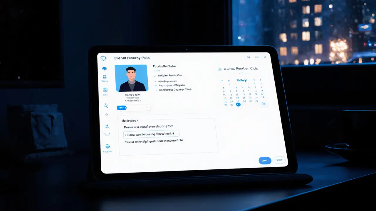 A secure booking interface on a tablet in a dimly lit room, showing verified client details and appointment confirmation.