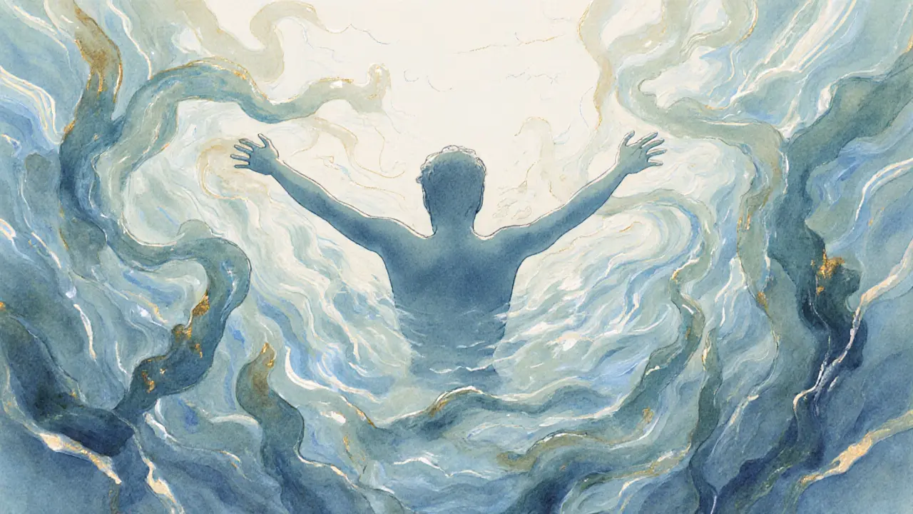A serene watercolor depiction of human forms merging in calm, fluid motion, symbolizing deep relaxation.