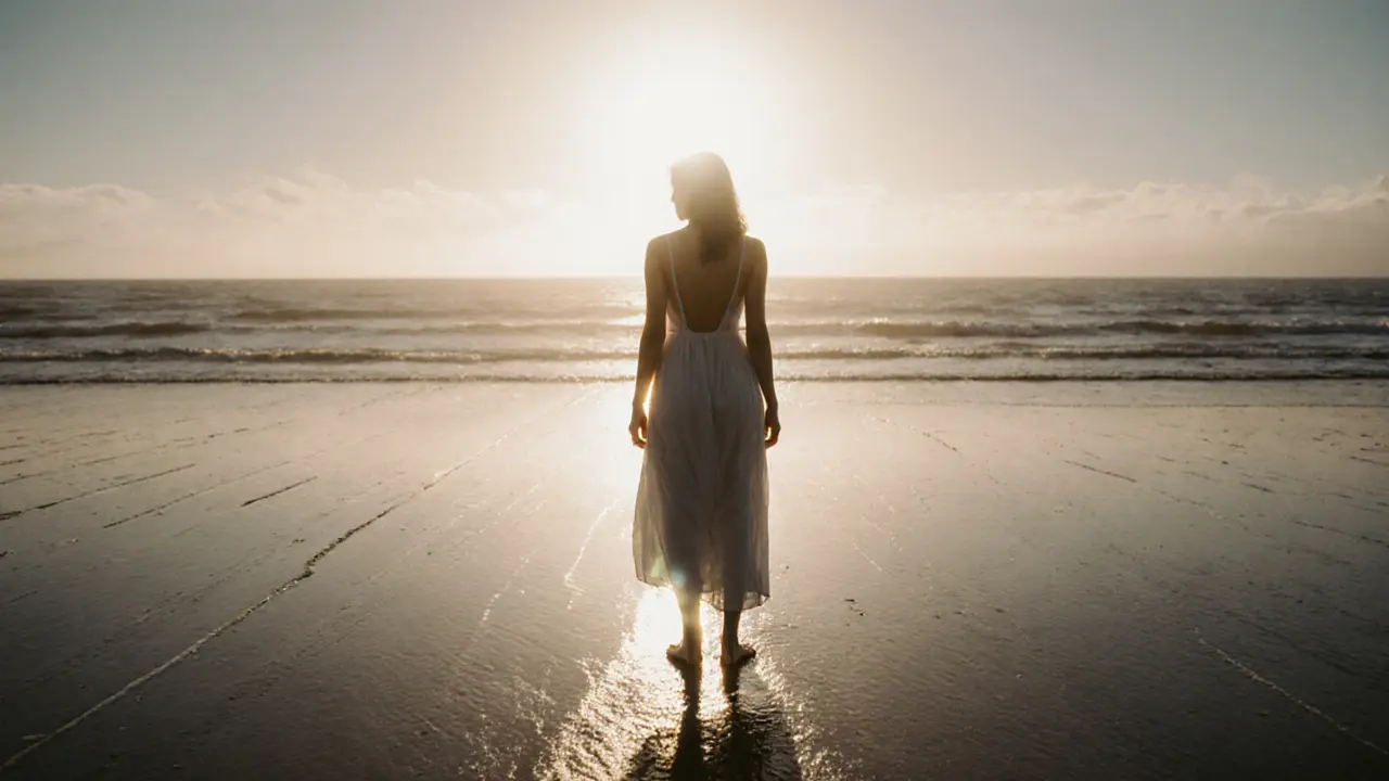 A silhouette standing on wet sand at dawn, glowing with soft backlighting.