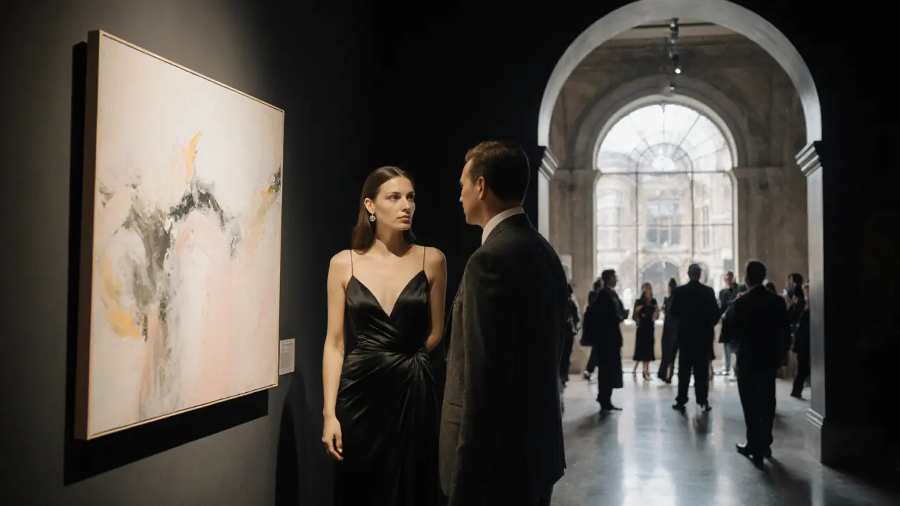 A sophisticated couple conversing quietly at an art gallery opening in Knightsbridge.