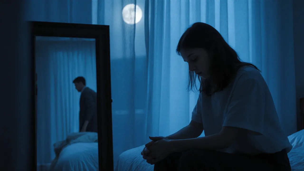 A woman sitting alone on a bed, moonlight reflecting her emotional solitude.