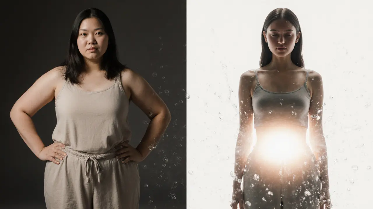 A woman standing beside her former self, showing reduced bloating and a calmer posture after lymphatic therapy.