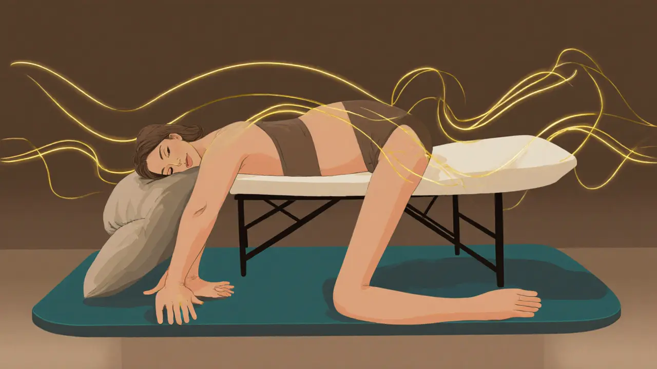 Abstract depiction of reduced swelling and tension release in a pregnant woman&#039;s body during prenatal massage.