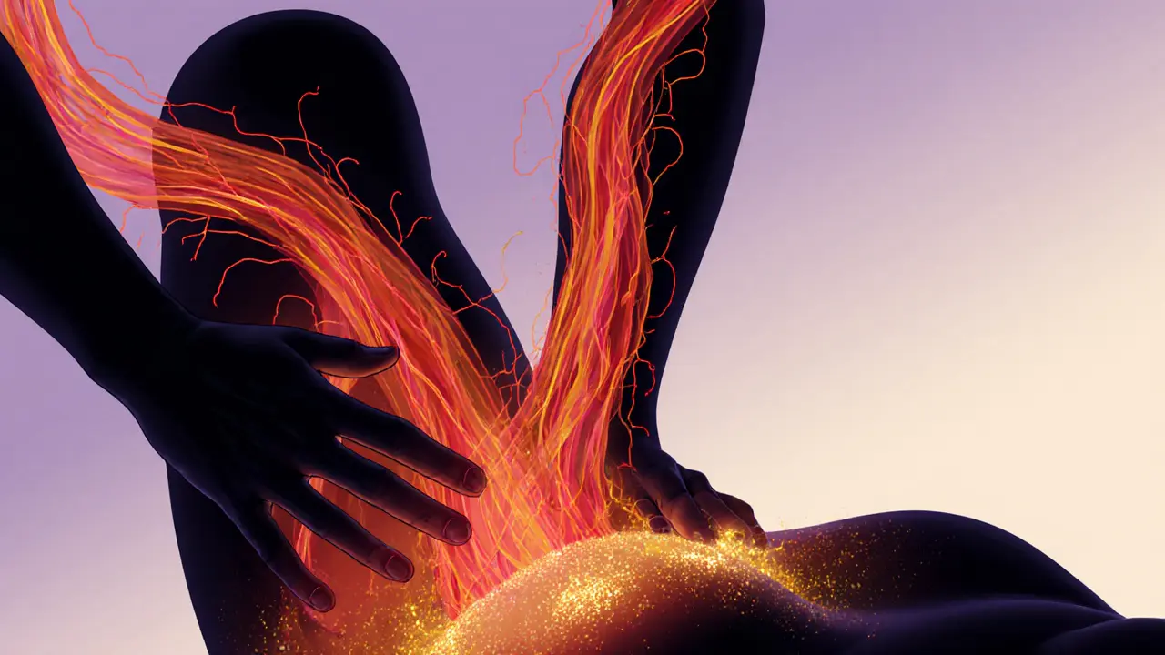 Abstract flow of blood and lymphatic fluid through a human form, guided by rhythmic massage strokes in warm tones.