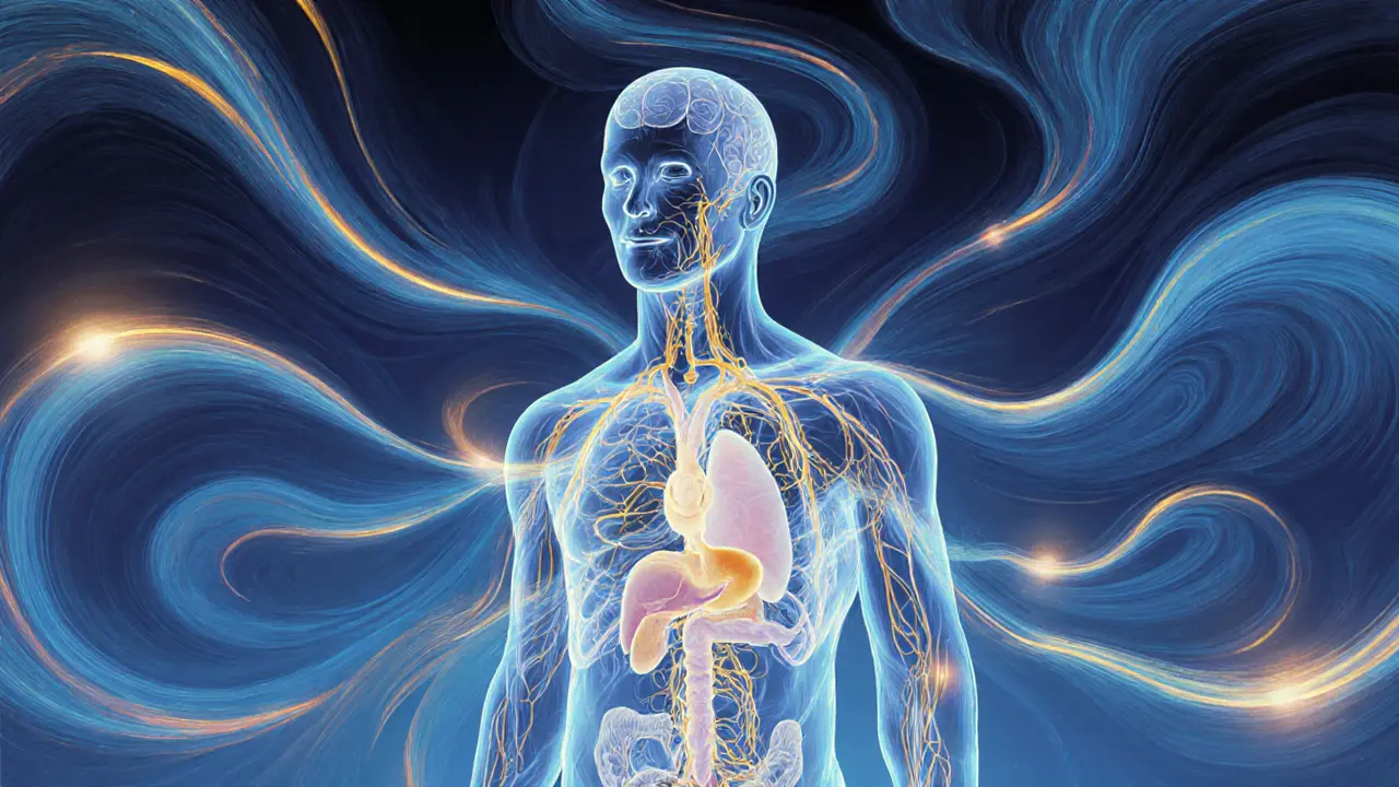 Abstract silhouette with glowing energy waves representing health benefits of Swedish massage.