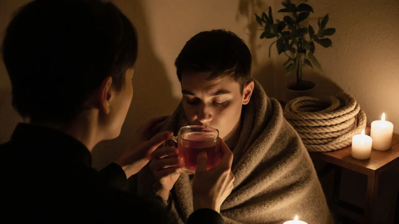 Aftercare ritual with someone wrapped in a blanket, being gently comforted in soft light.