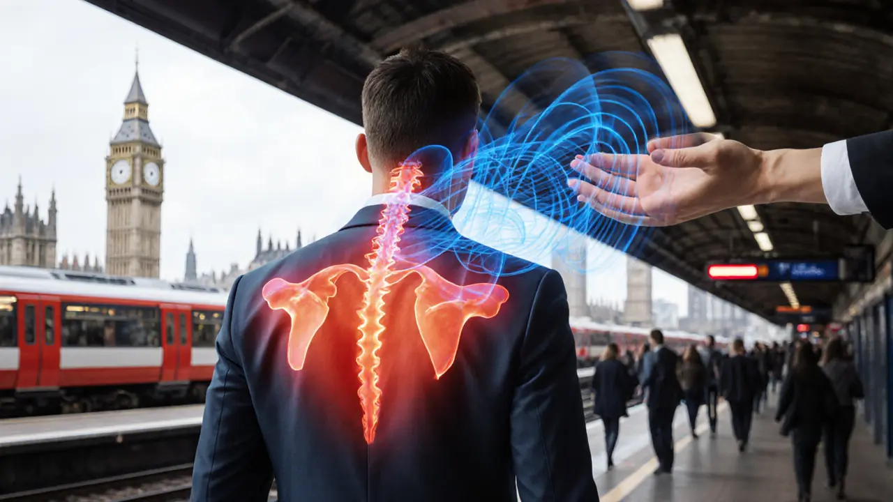 An abstract representation of tension in a commuter&#039;s body with healing energy radiating from hands.