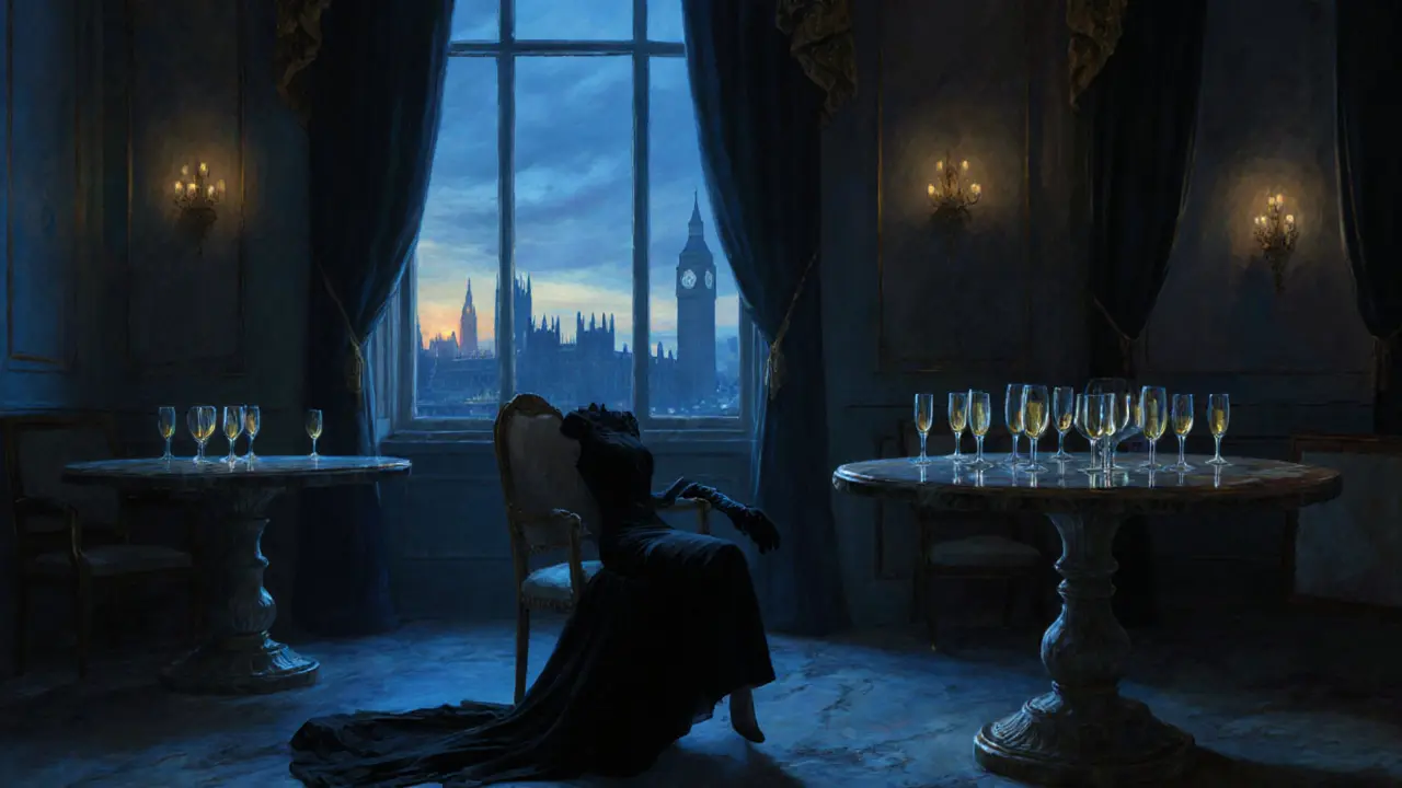 An empty ballroom at dawn, a lone black dress left on a chair, symbolizing the unseen presence of elite companions.