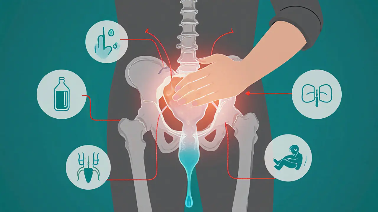 Anatomical illustration of prostate drainage and improved circulation during therapeutic massage, no text or labels.