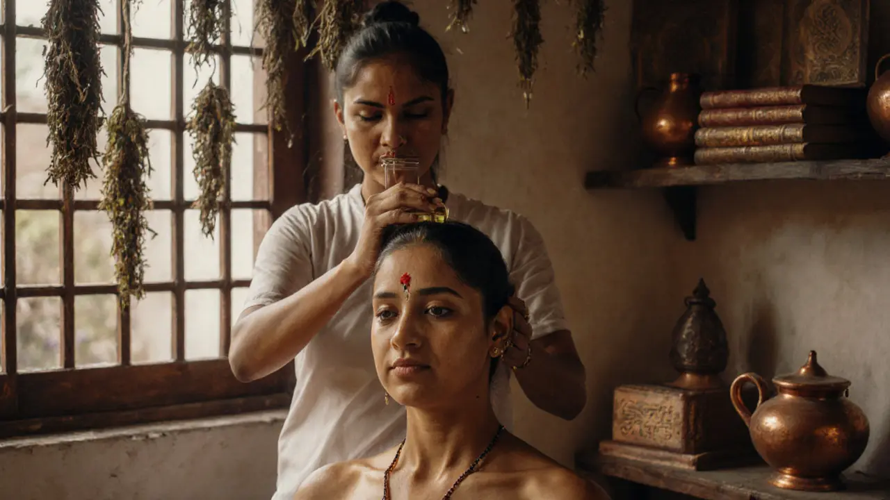 Ayurvedic practitioner performing head and neck oil massage in a Kerala clinic with dried herbs and copper vessels.