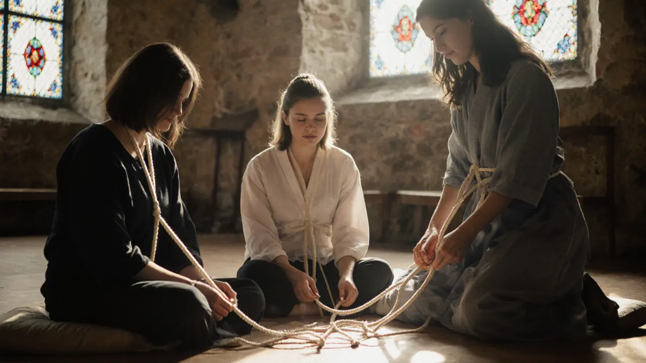 Beginners learning shibari in a sunlit chapel workshop, focusing on gentle rope techniques.