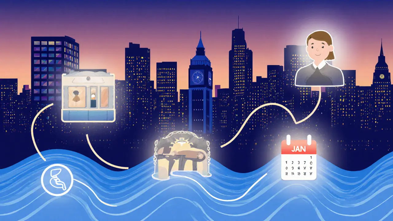 Cityscape with icons representing trusted massage deal sources in London, connected by calming waves.
