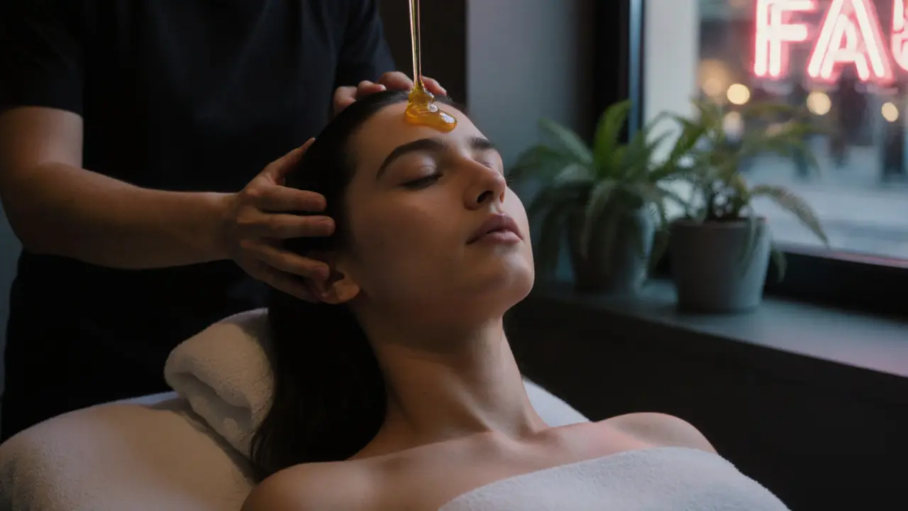 Client receiving authentic shiroabhyanga in a London spa, oil glistening on scalp under soft lighting.