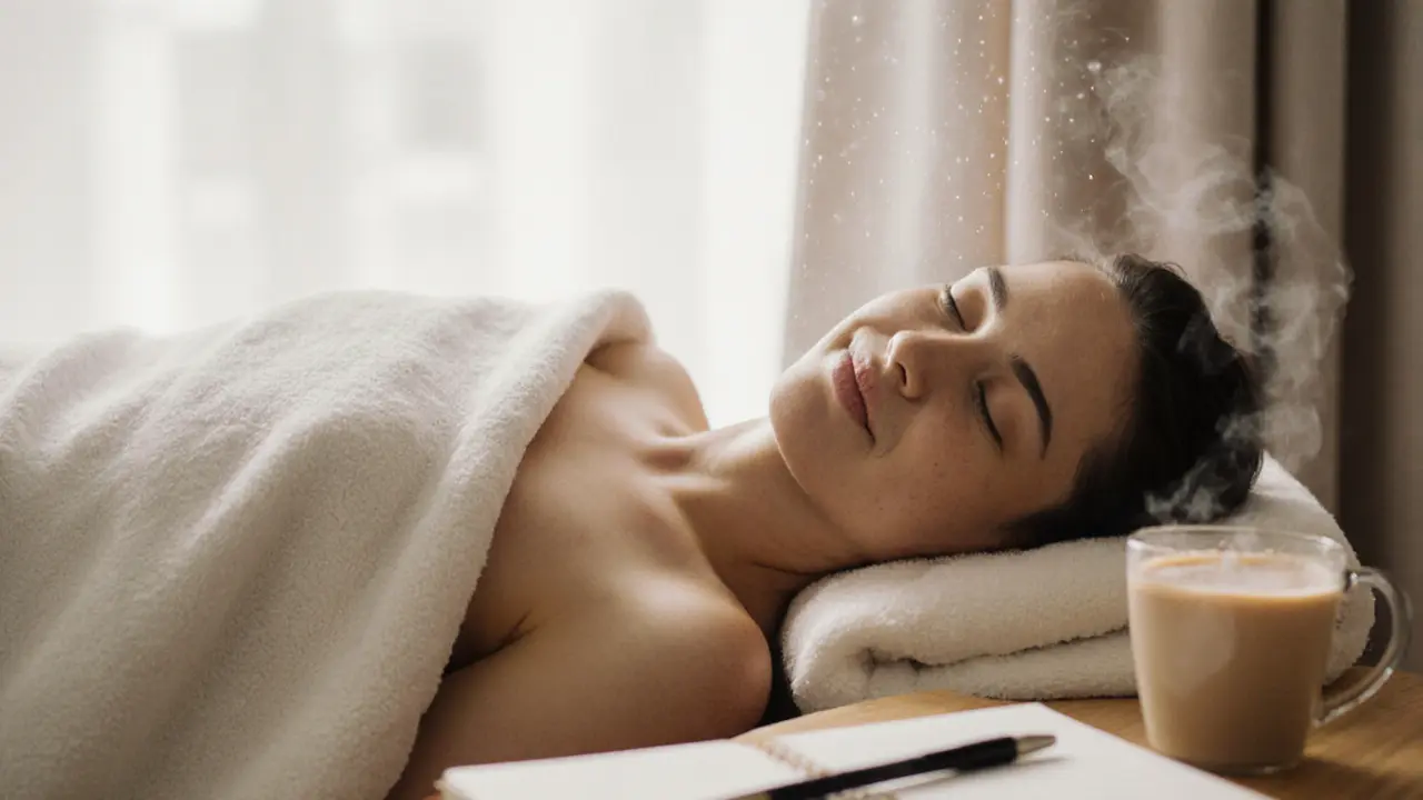 Client resting under a warm blanket after massage, sipping spiced milk in a quiet wellness space.