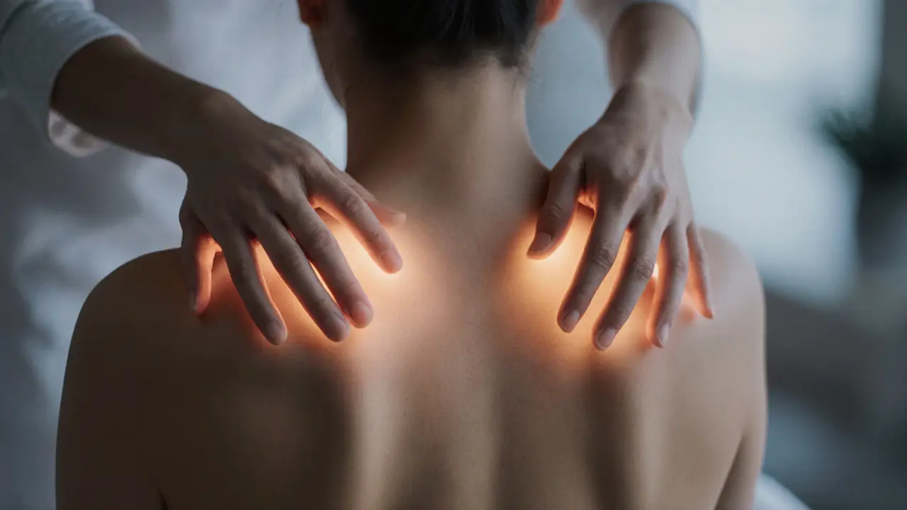 Close-up of hands kneading shoulder muscles with warmth radiating from the skin.