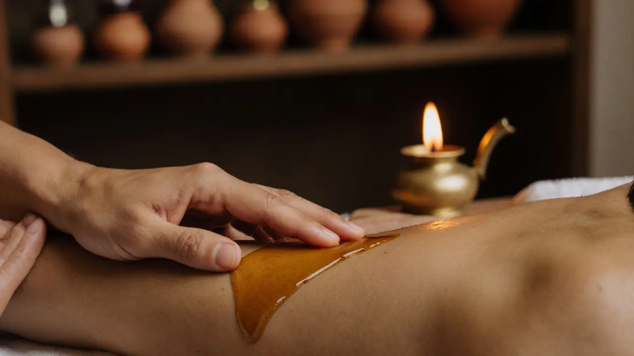 Close-up of hands pressing gently on pressure points with glistening herbal oil on skin.