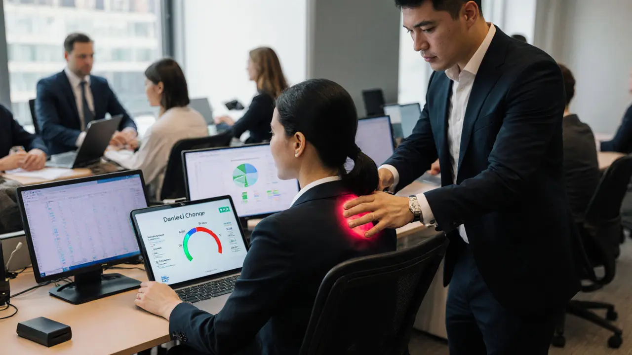Corporate therapist giving a chair massage to an office worker at her desk amid a busy London workspace.