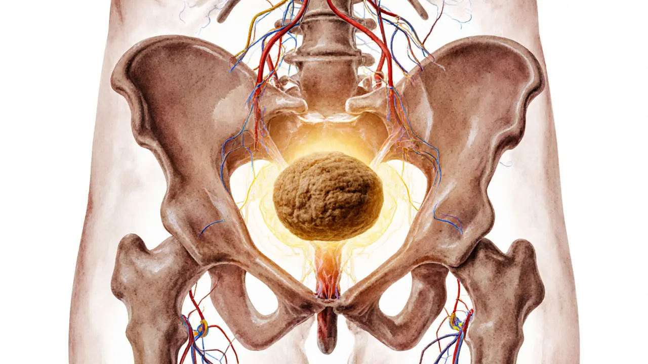 Cross-section illustration of the male prostate gland with glowing blood vessels and nerves, representing improved circulation and therapeutic pressure.