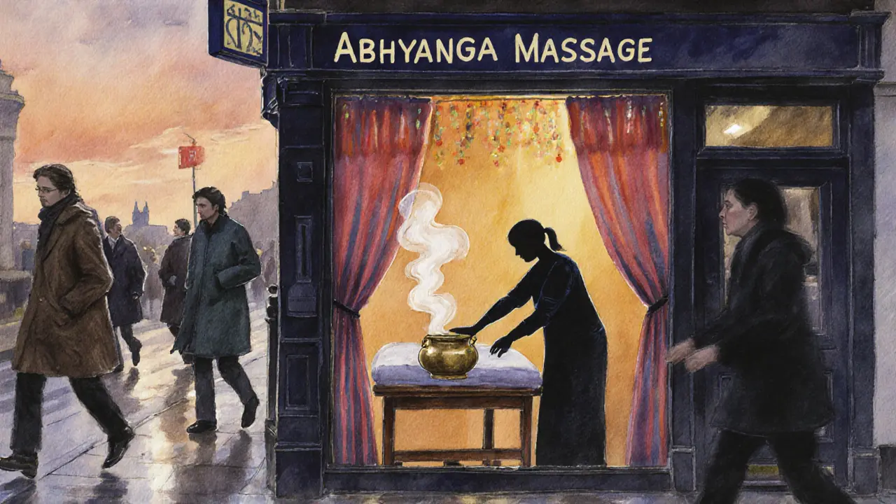 Dimly lit Ayurvedic massage studio entrance in a London neighborhood, with steam rising from a brass oil pot inside.