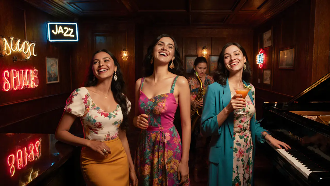 Diverse international women socialize in a cozy Soho jazz bar with warm neon lighting.