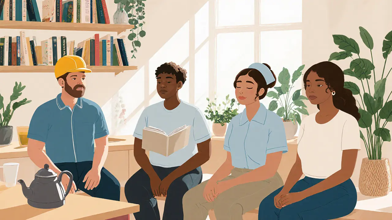 Diverse locals waiting quietly in a bright, plant-filled reception room with books and a kettle.