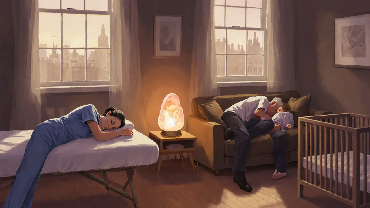 Diverse Londoners receiving outcall massage in their homes: a nurse, an elderly man, and a parent with their child, all in peaceful moments of rest.