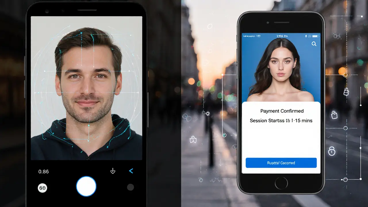 Facial recognition system verifying a client&#039;s identity against government ID on a digital screen.