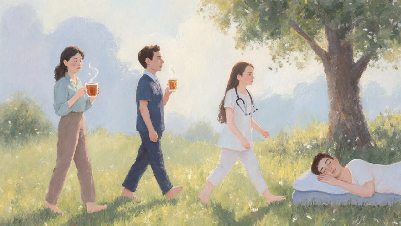 Four diverse people enjoying quiet moments of calm after a massage, bathed in morning light.