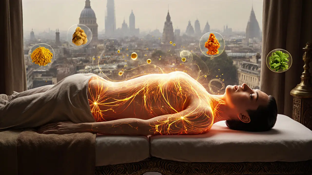 Human body with glowing energy pathways infused with herbal particles, symbolizing the healing effects of Indian massage.