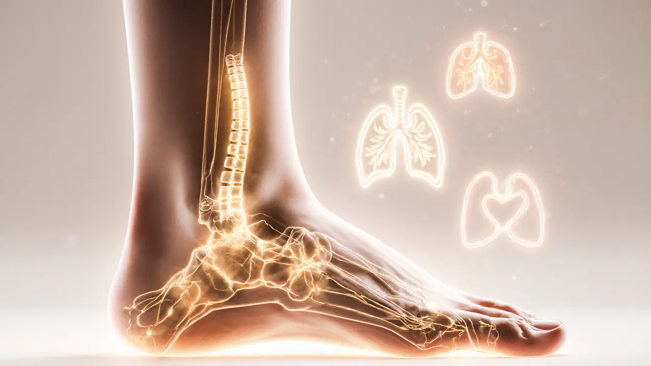 Illustrated foot with glowing pathways connecting pressure points to organs above.