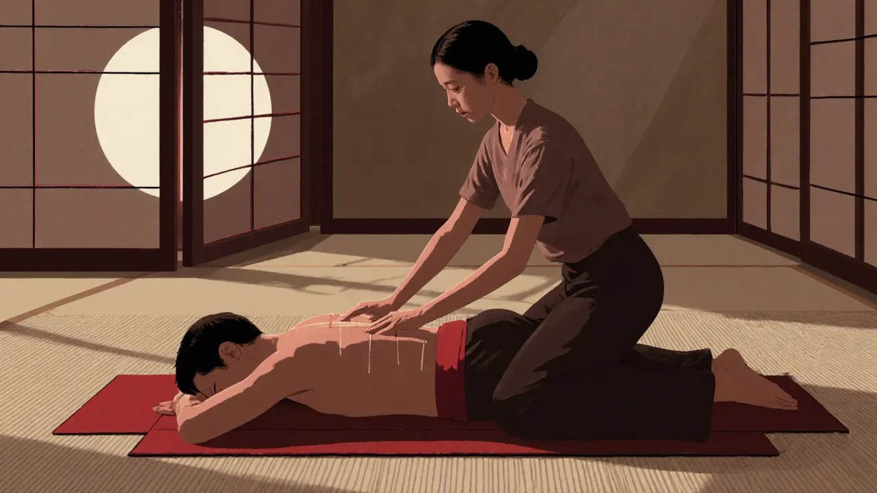 Japanese shiatsu therapist working on a client&#039;s lower back in a serene, minimalist studio with soft moonlight.