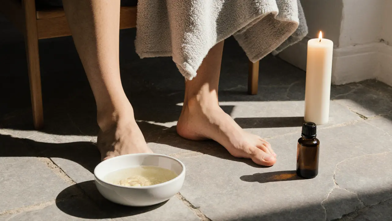 Minimalist recovery scene with essential oil bottle, candle, and bare feet on stone floor at dawn.