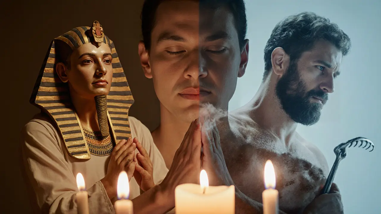 Modern massage therapist overlaid with historical healers from Egypt, India, and Rome.