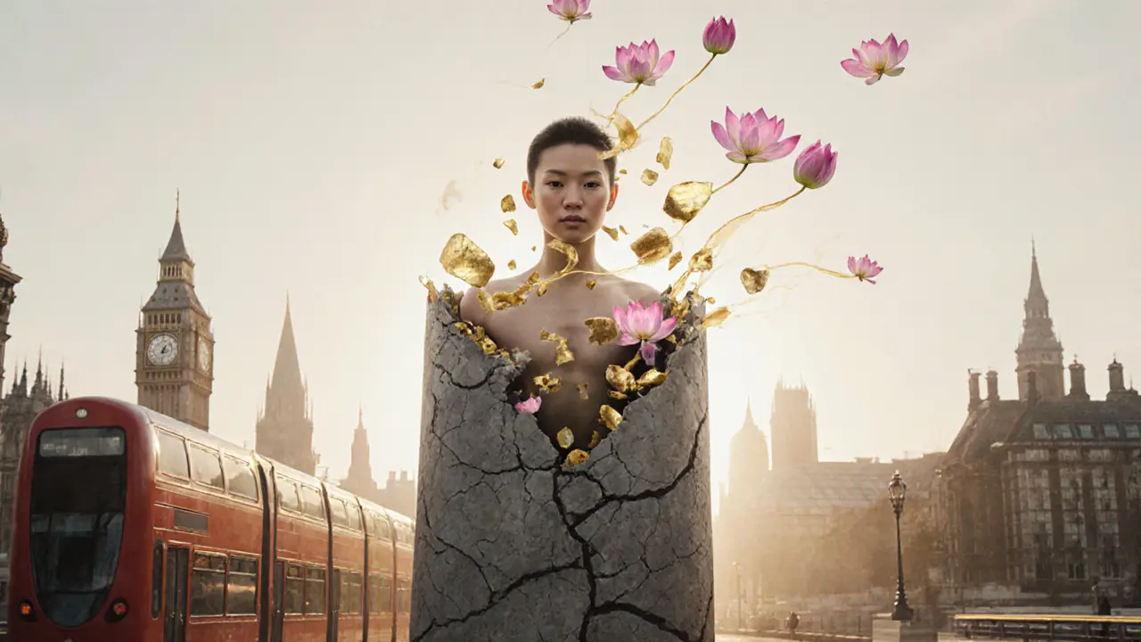 Person shedding a concrete shell of stress as golden energy lines and lotus petals rise around them in a symbolic cityscape.