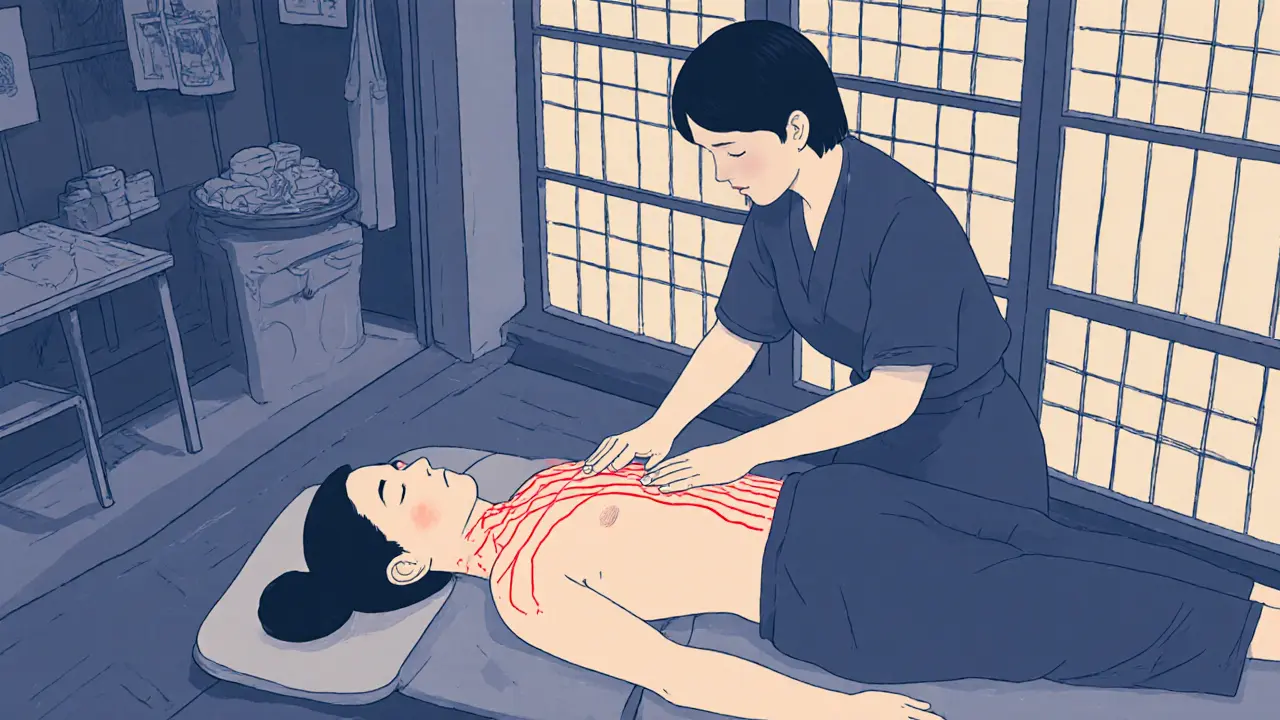 Shiatsu practitioner applying pressure to a client&#039;s abdomen with subtle energy lines visible in soft light.