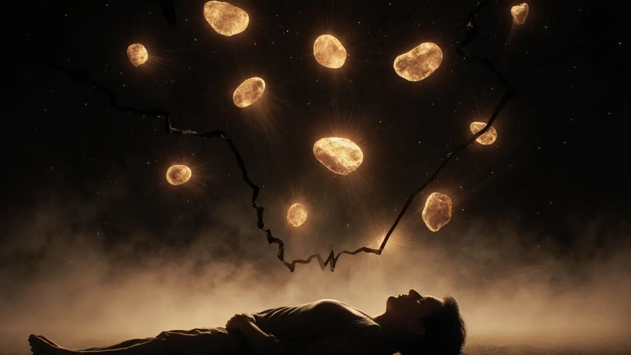 Silhouette bathed in golden light from floating stones, dissolving stress lines in a tranquil, dreamlike atmosphere.